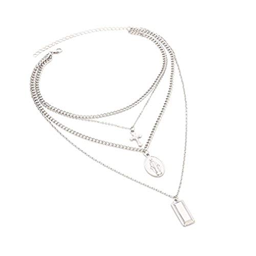 Dolland Bohemian Retro Carved Coin Bullion Virgin Mary Cross Pendant Clavicle Necklace Multi-Layer Bead Chain Necklace,Sliver Bullion - Thumbnail 4