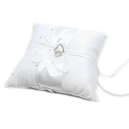 SenseYo 7.8 inches Satin Double Hearts Decoration Wedding Ring Bearer Pillow, White