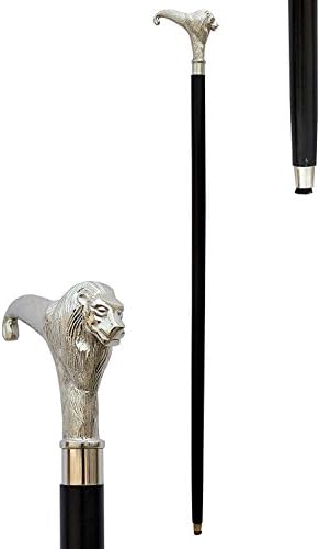 HANDMADE VINTAGE ART Wooden Walking Stick Lion Head Handle Chrome Finish