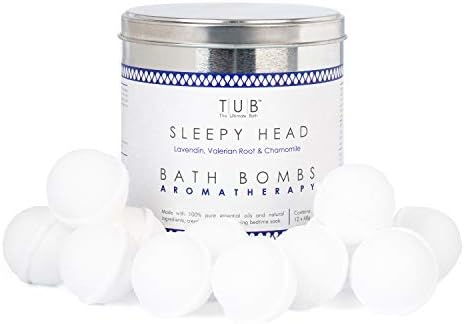 'Sleepy Head' Aromatherapy Vegan Bath Bombs x 12. Natural 'sleep aid' made with 100% pure essential oils,Organic Epsom salts & Sweet Almond oil. Handmade in England by TUB - The Ultimate Bath