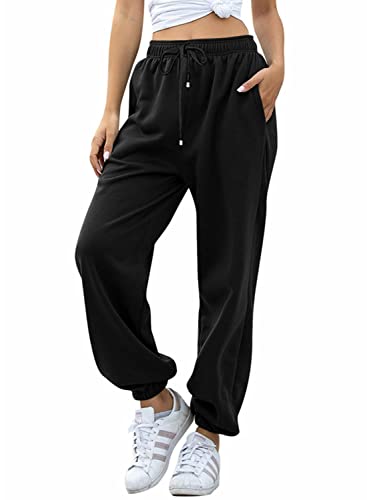 AROGONE Womens Comfy High Waist Sweatpants Loose Baggy Lounge Casual Joggers Sweat Pants Cinch Bottom with Pockets Black Small