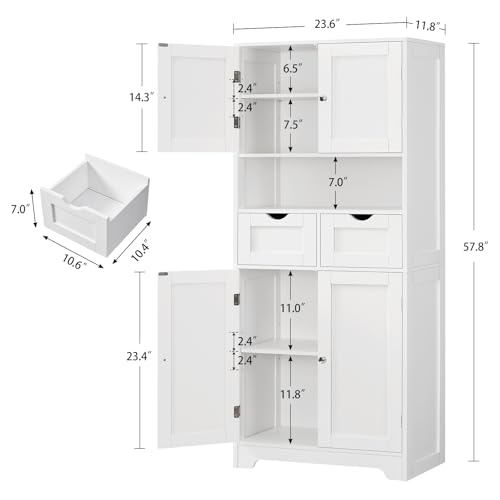 TEENFON 57.8" H Tall Bathroom Cabinet, Storage Cabinet with Adjustable Shelf & 2 Drawers, Bathroom Storage Cabinet with 4 Doors for Living Room, Dining Room, White