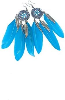 Dream Catcher Long Feather Bronze Finish Dangle-Drop Earrings (Blue)