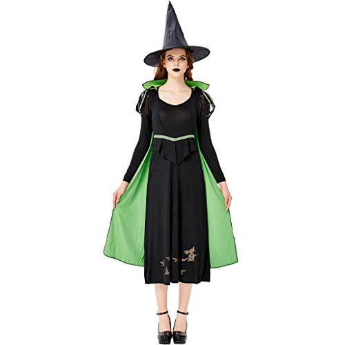 charmsamx Womens Halloween Witch Costume Classic Spellcaster Witch Cosplay Spooky Halloween Clothes Black Casual Dress with Witch Hat and Green Capes for Party Festival