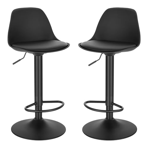 Juego de 2X Taburete de Bar Giratorio, con Altura Ajustable Entre 60,5 y 82 cm, Taburete de Cocina, Estructura Metal, con Respaldo y Reposapies, Negro Tinta, Cuero Sintético