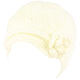 Hand Knit Winter Cable Crochet Flower Visor Beanie Skull Ski Snow Cap Hat Ivory