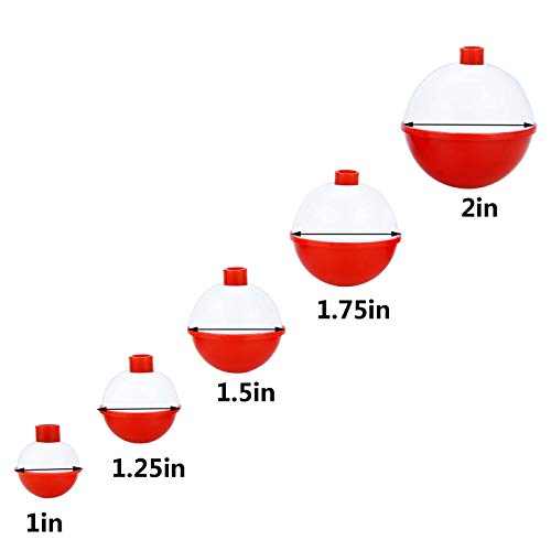 Bskifnn 50 Stück runde Angel-Bobber 2,5 cm/3,2 cm/3,8 cm/4,4 cm/5,1 cm Schwimmer-Bobber Druckknopf – Rot und Weiß ABS… – Bild 3