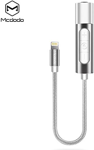 Iphone 7/7Plus Lighting to 3.5 Headphone Adapter (2in1) McDODO Charging Connector with adopted Personal Music (no mic) Controller in nylon braided jacket (White Metallic)