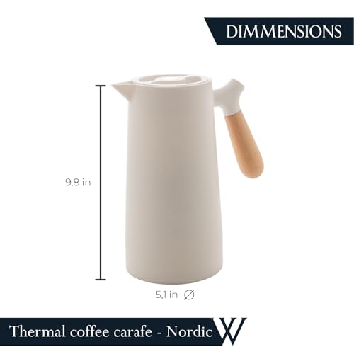 WOLFF - Garrafa Térmica de Plástico com Cabo de Madeira Nórdica 1L Branca - Mesa Posta - Itens Para Casa - Utensílios de Cozinha - Perfeita Para Café e Chá