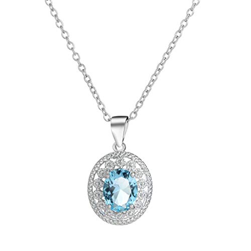 D-XinXin Blue Topaz Pendant Necklace Sterling Silver Round Gemstone Chiseled Pendant Necklace Diamond Necklace Chain
