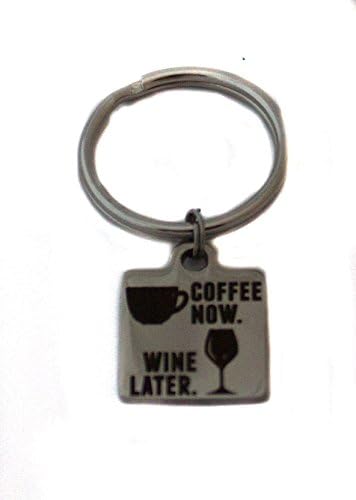 Stainless Steel Coffee Now. Wine Later. Square Charm Keychain, Bag Charm
