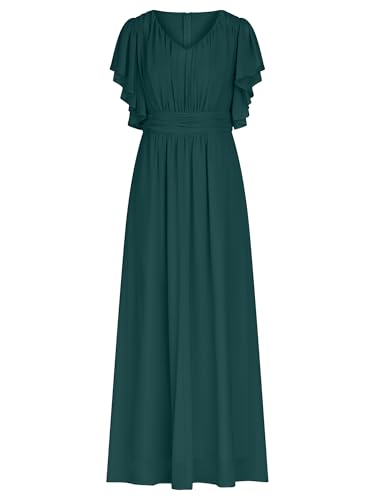 APART Fashion Damen Langes Chiffonkleid, Abendkleid mit V-Ausschnitt, fließendes Maxikleid, formelles Outfit mit Rüschenärmeln, Hochzeitsgastkleid, Brautjungfernkleid, Party- und Abschlussballkleidung