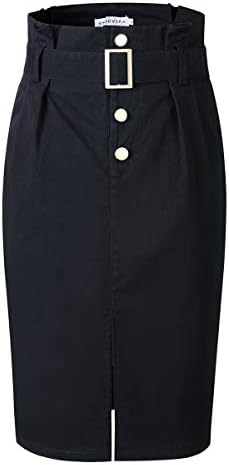 VKOOVIFA Women's High Waist Bodycon Pleated Button Up Knee Length Midi Pencil Skirt with Belt