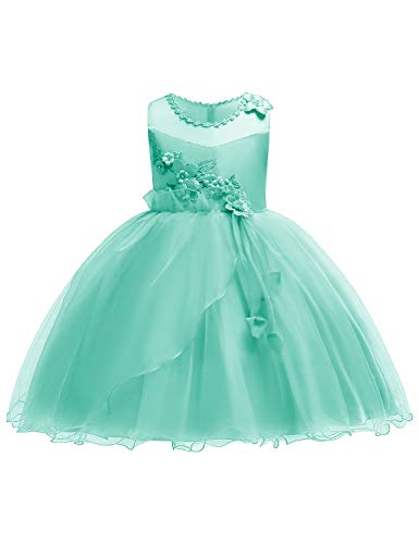 JOYMOM Bridal Dress for Girls, 2018 Little Girl Summer Stylish Cool Even-Hemmed Weddings Gowns Toddlers Evening 3D Appluque Ruffles Party Dresses for Easter Mint Green Size (130) 5-6 Years