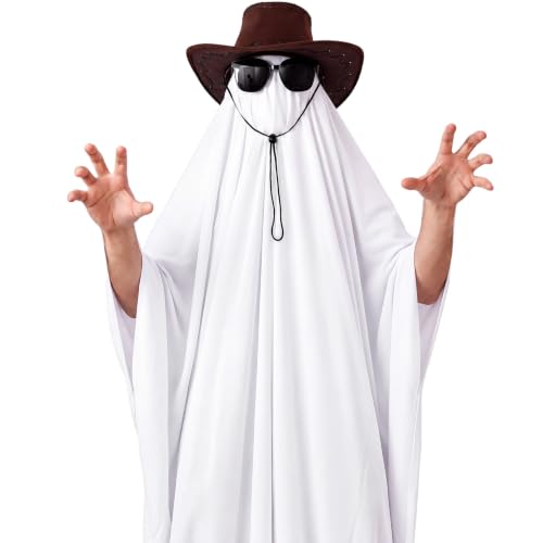 Simlakey 3 Pcs Halloween Ghost Costume with Cowboy Hat Sunglasses, L at Amazon