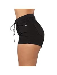 Pantalones vaqueros para dama sexy con correas frontales de talla media con cordones en la parte trasera, elásticos, casuales, vaqueros y pantalones cortos