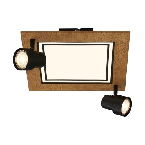 BRILONER - Lampara de techo LED con focos, luz blanca calida, lampara de techo orientable, lampara LED madera, lampara de salon 12W con funcion memoria, 295x295x155 mm (LxAxA)