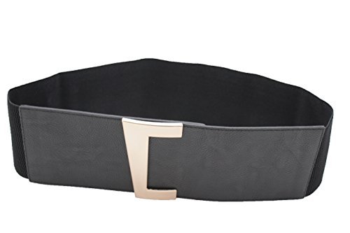 TFJ Women's Fashion Corset Belt Wide Hip Waist Faux Leather Elastic Metal Gold Buckle Small Medium Black