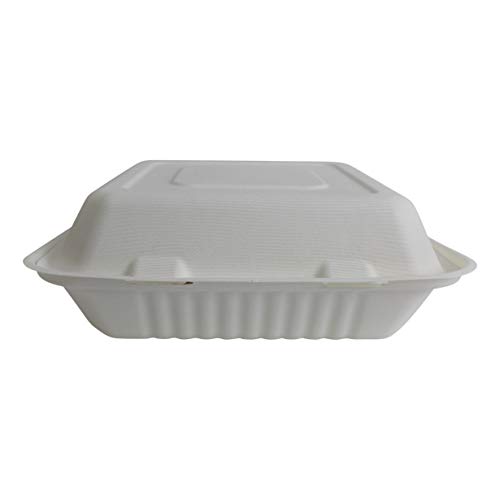 Brheez 9”x9”x3” Bagasse Takeout Natural Disposable Clamshell Lid Containers, Biodegradable, Compostable & Chemical Free - Pack of 50 - Thumbnail 2