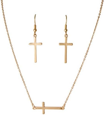 Side Cross Necklace Gold Matte - with Matching Fish Hook Drop Earrings