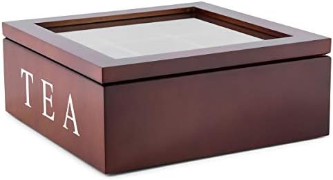 Tea Box,SONSAN Tea Bag Stores Wooden Tea Box 9 Compartments Hinged Glass Lid Tea Organizer Brown