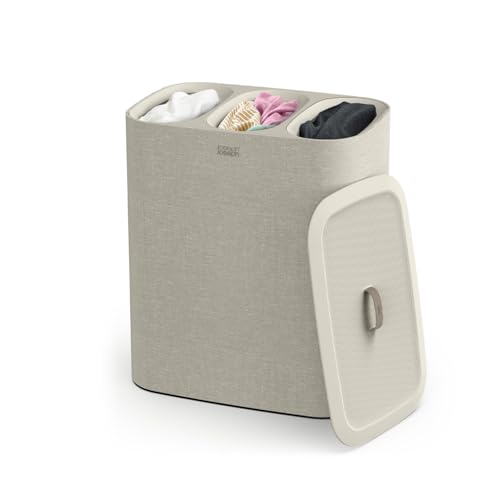 Joseph Joseph Tota - Trio 90-Liter-Wäschesortierkorb mit Deckel, 3 herausnehmbare Wäschesäcke mit Griffen, Ecru Beige