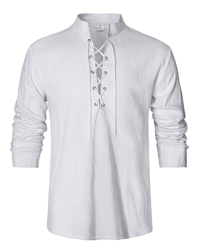 Lvcbl Mittelalter Hemd Herren Leinenhemd Wikinger Kostüm Schnürhemd Stehkragen Piratenhemd Weiß L