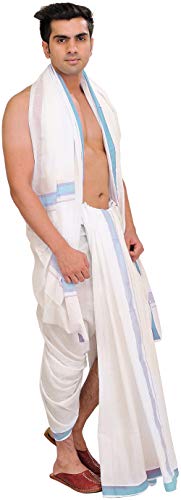 Exotic India White Dhoti and Angavastram Set with Woven Border - Color Air Blue
