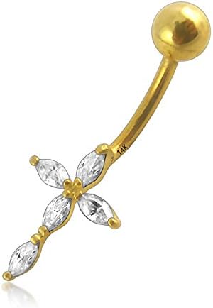 14K Solid Yellow Gold Fancy Cross with CZ Stone Belly Ring - 14Gx3/8 (1.6x10MM) Banana with 5MM Ball