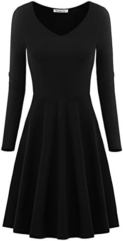Yomilin Women's Long Sleeve V Neck Casual Flared Midi Dress Black S