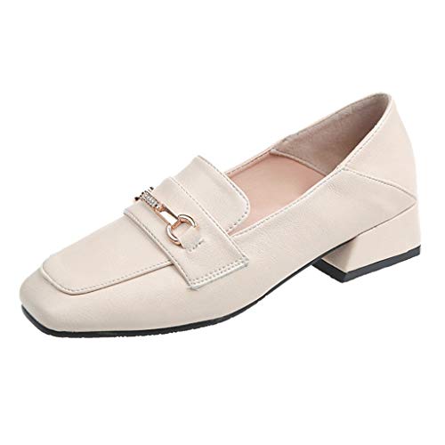 SMALLE ◕‿◕ Penny Loafers for Women with Heel, Women Fashion Penny Loafers Comfort Leather Round Toe Loafers Beige