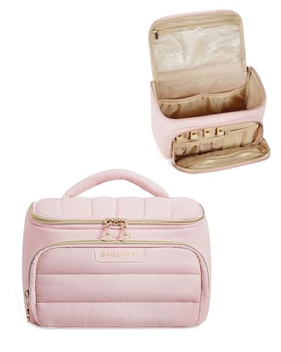 BAGSMART Travel Makeup Bag with Jewelry Organizer, Portable Make Up Bag, Puffy Wide-Opening Cosmetic Storage Pouch for Women’s Toiletries and Travel Essentials (Baby Pink)