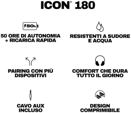 Icon 180 Wireless On-Ear Bluetooth Headphones, Up to 50 Hours Battery, Lightweight and Travel Ready, Secure Fit, Sweat and Water Resistant, Microphone iPhone Android - True Black