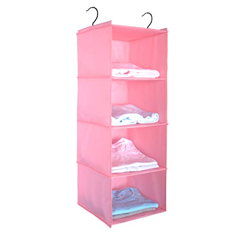 BrilliantJo Hanging Wardrobe Storage, Advanced Oxford cloth Hanging Closet Organiser Shelves Set for Clothes Shoes, 4-Shelf, Pink Washable