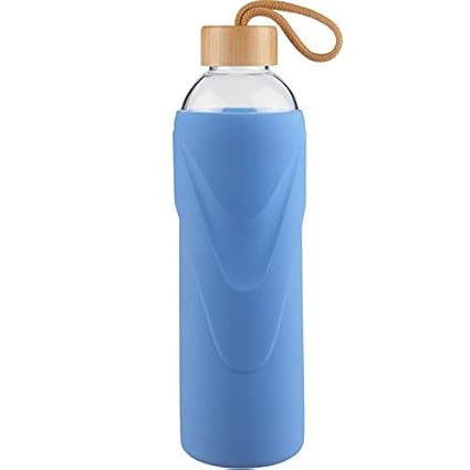 FCSDETAIL Sport Borosilikat Trinkflasche Glas Wasserflasche mit Silikonhülle mit Bambusdeckel 420ml / 660ml / 1000ml