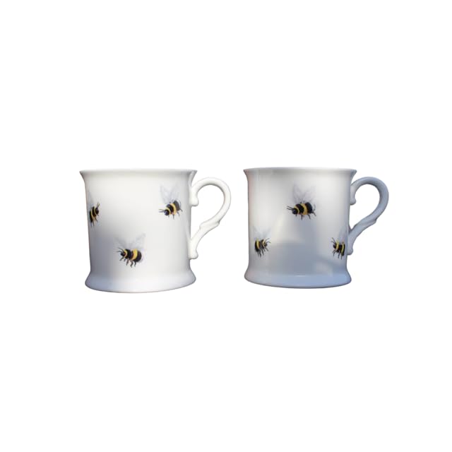 ROCK THE HOME Bees 2 Pack Small Tankard Mugs – White Fine English Bone China Cups, Made and Hand Decorated in England, Dishwasher and Microwave Safe, for Coffee Tea Latte Americano