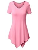 Thanth Womens Short Sleeve V-neck Handkerchief Hem Long Tunic Top