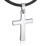INBLUE Men's Stainless Steel Leather Pendant Necklace Silver Tone Cross Adjustable -With 20 Inch Cord