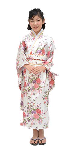 Tikusan Japanese Traditional Dress Kimono Yukata Robe for Kids Girls Costume (8-9 Years, White)