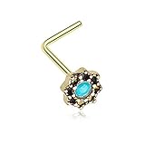 20G Lotus Synthetic Opal Sparkle Filigree Icon L-Shaped Nose Ring (Gold)