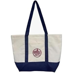 Large Canvas Tote Bag for Trader Joe's, Reusable 12 oz Cotton Tote Bag with Embroidered, Front Pocket & Reinforced Bottom for