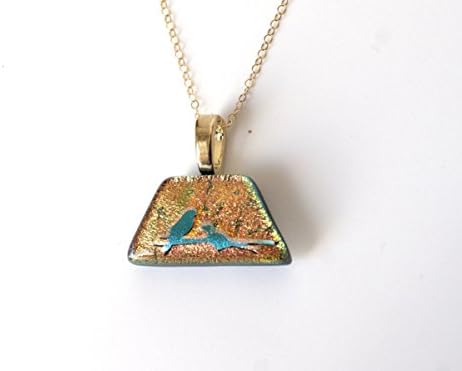 Birds on a Vine Pendant Necklace, Orange Dichroic Fused Glass Jewelry