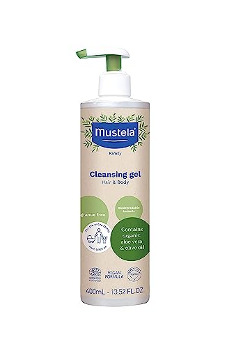 Mustela Certified Organic Cleansing Gel - Natural Hair & Body Wash w/ Olive Oil & Aloe Vera - For Baby, Kid & Adult - Fragrance Free, Tear Free, Vegan & Biodegradable - 13.52 oz. - Packaging may vary