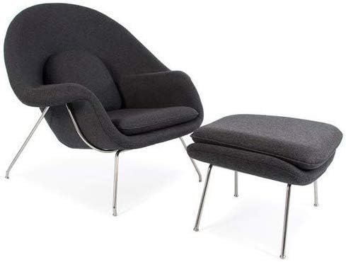 Decorific NYC Mid-Century Minimalist Chair and Ottoman - Classic Dark Gray, Cashmere, Boucle Fabric