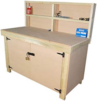 Wooden MDF Workbench With Lockable Cupboard And Back Panel - Garage Work Table (5ft)