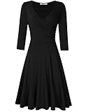 MISSKY Women V Neck A Line Slim Fit and Flare Short Sleeve and Long Sleeve Swing Cocktail Vintage Summer Dress (S, Black Long Sleeve)