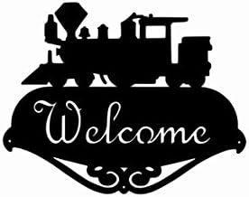 LOCOMOTIVE TRAIN ENGINE WELCOME SIGN Silhouette Plaque Metal Steel Black Hammered Paint USA made Home Decor