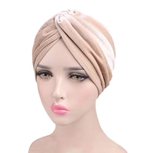 Fxhixiy Women's Stretch Velvet Twist Pleasted Hair Wrap Turban Hat Cancer Chemo Beanie Cap Headwear (Beige)