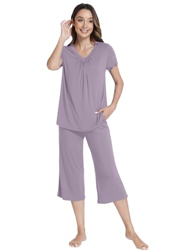 WiWi Super Soft Pajama Set for Women Cooling Sleepwear Short Sleeve Top with Capris Pajamas Sets with Pockets S-XXL, Violet, Small at Amazon