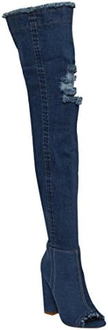 PAZZLE Una-01 Thigh High Over Knee Stretch Denim Open Toe Block Heel Boot Dark Blue